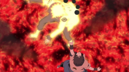 Sasuke holds on to Naruto's leg